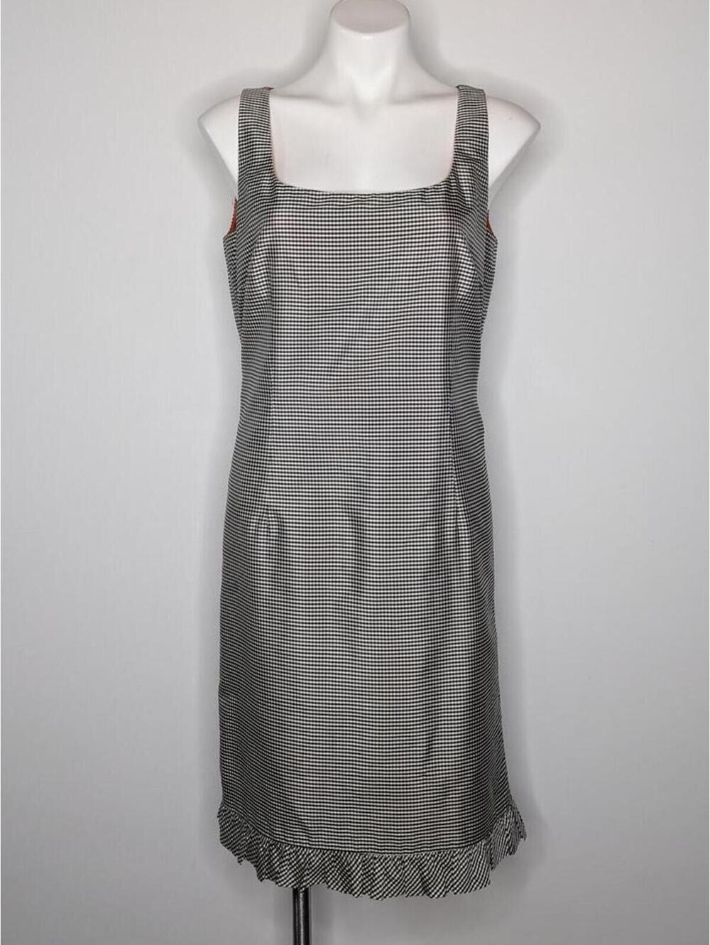 Neiman Marcus Black White Checkered Plaid Sleeveless Satin Midi Sheath Dress 12